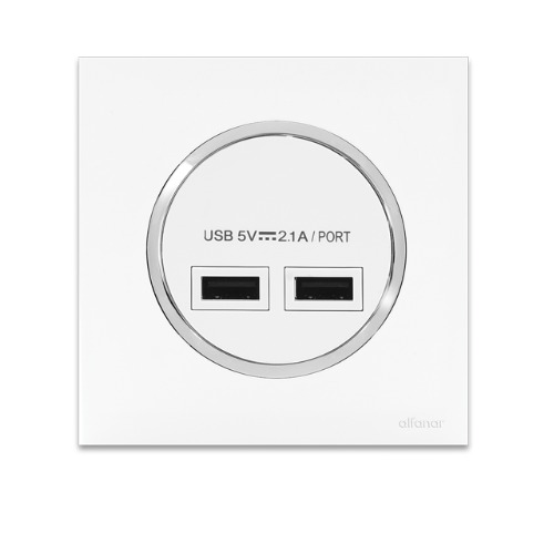 فيش شاحن USB مزدوج 2.1 أمبير 7x7 سم أبيض بحلقة كروم | شركة الفنار